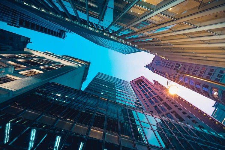 Looking up at a city skyline